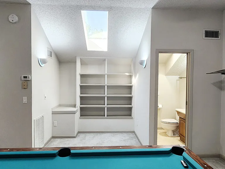 Spacious loft with pool table, skylight, bathroom, and bookshelf