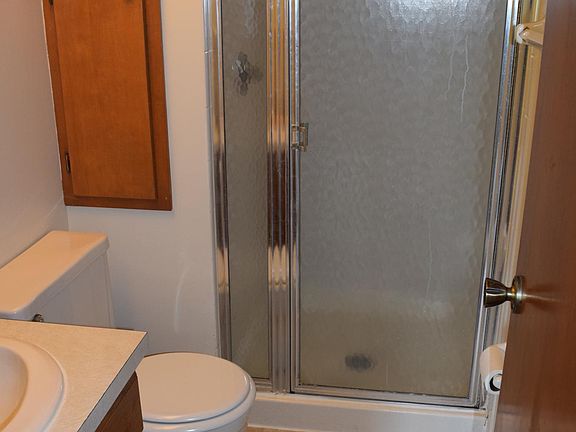 The master shower bath has a deep cabinet and also a medicine cabinet.