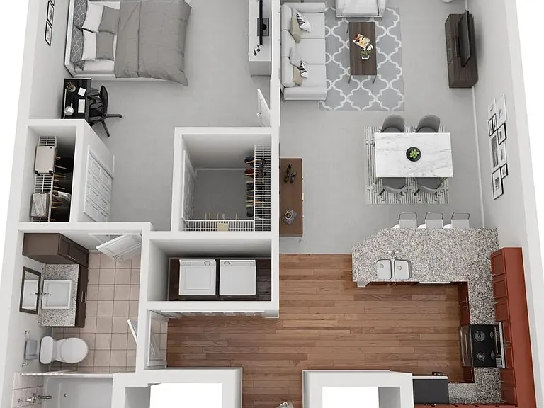 The Ivey floorplan offers one bed, one bath.