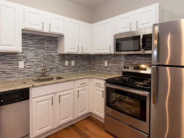 Kitchen with modern cabinetry, stone-style backsplash, and stainless steel appliances