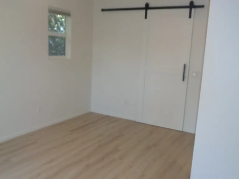 Bedroom with barn door leading to bathroom
