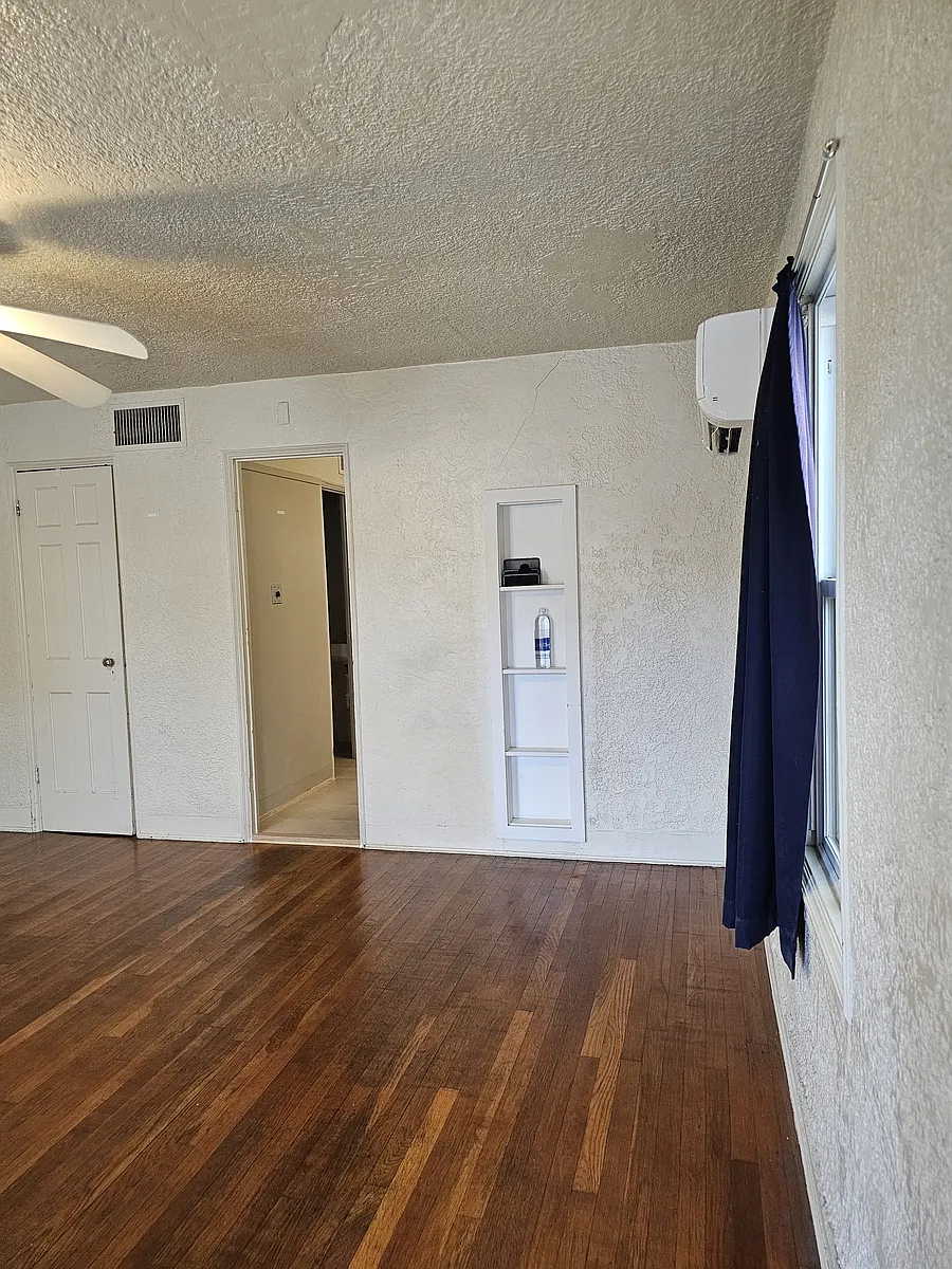 Living room from the front door. Closet is on the left kitchen in the middle. small shelf to right. - 1011 N Olsen Ave