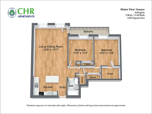 Floor plan 2 Bed/1 Bath with Balcony and A/C