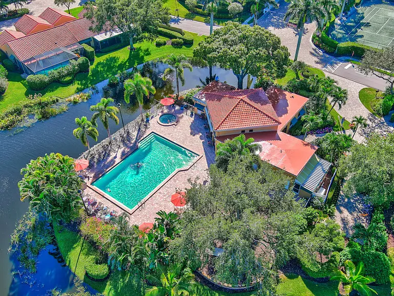 Overhead view of community center and pool and tennis