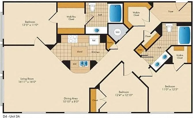 Floor plan Three Bedroom/Two Bath - 3A