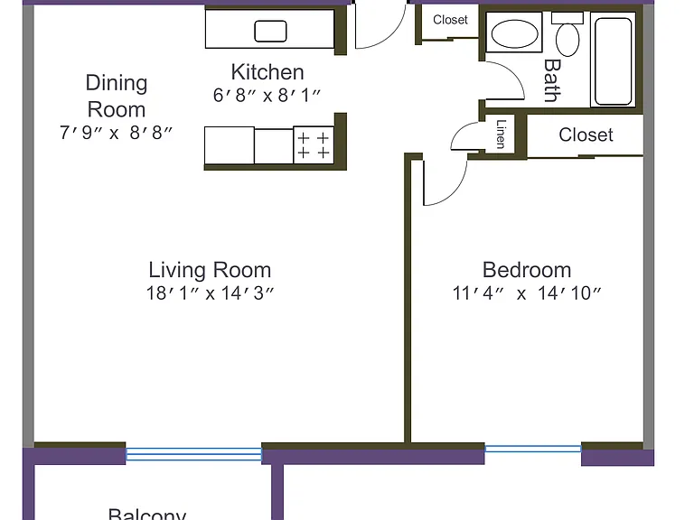 Typical 1 bedroom floor plan for 9 Mandalay, dimensions may vary.