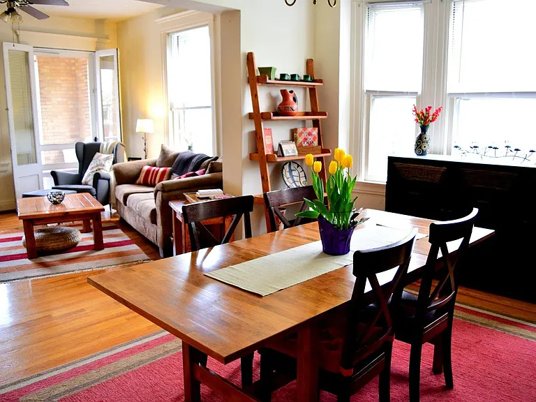 The dining room and living room have a wonderful flow between the two rooms