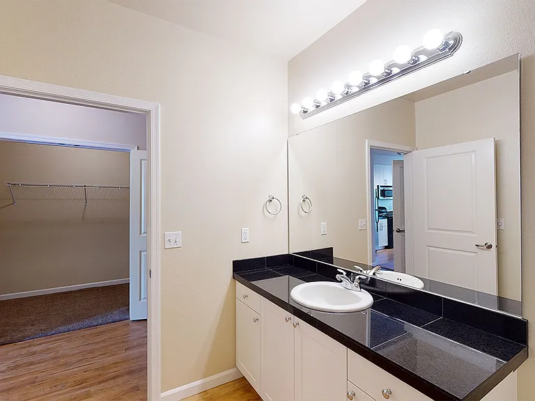 Apartment bathroom with wood-style flooring.