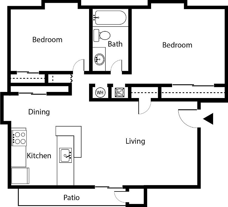 2 Bedroom 1 Bathroom Floorplan Diagram