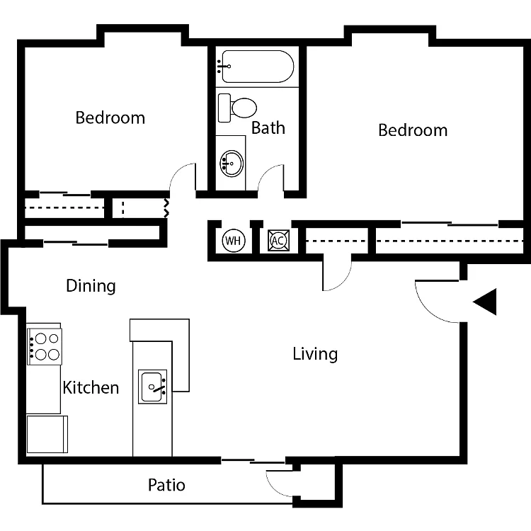 2 Bedroom 1 Bathroom Floorplan Diagram - Fox Hollow