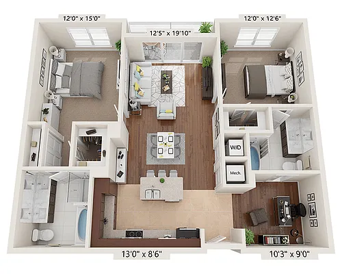 Floor plan Two Bedroom with Den B2A