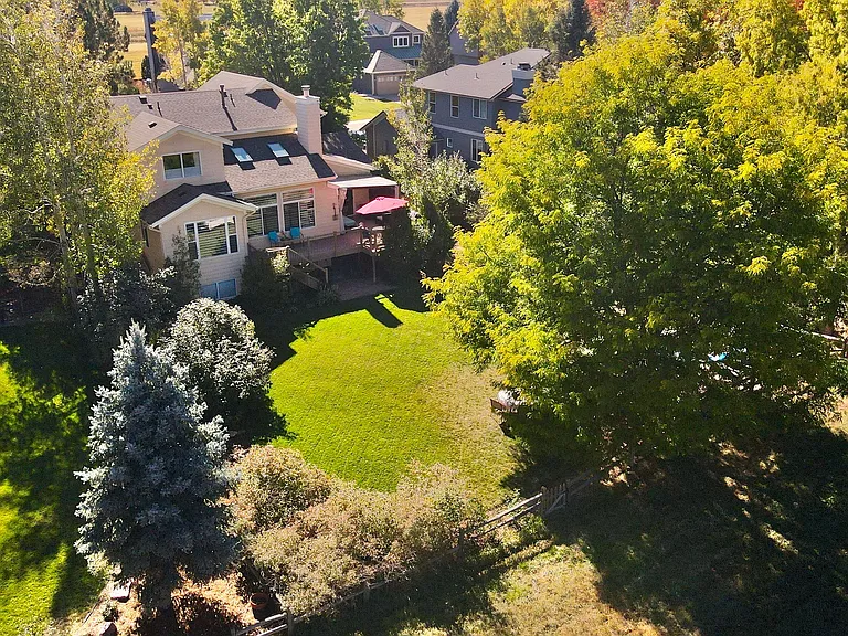 Fantastic backyard with decks, fenced yard and swings in the trees