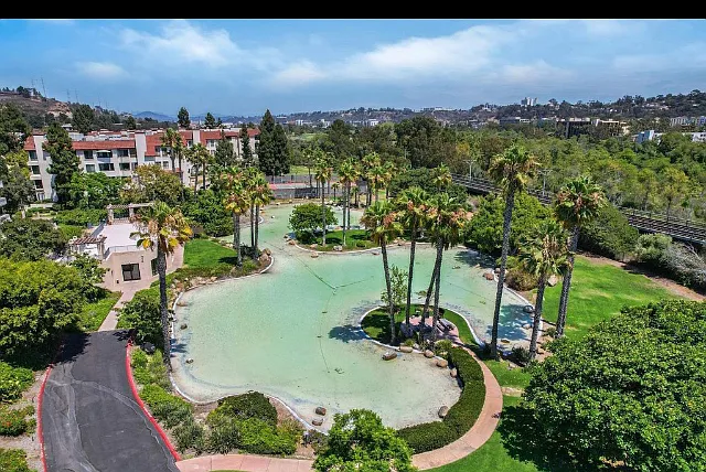 Manmade Lagoon with duck family and picnic table among palm trees.

Sundeck with outdoor couches and loungers to left of lagoon.