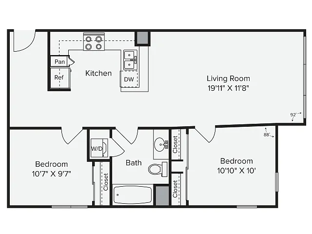 Floor plan 2 Bed 1 Bath - 2C