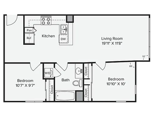 Floor plan 2 Bed 1 Bath - 2C