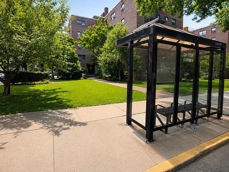 Bus stop in front of building