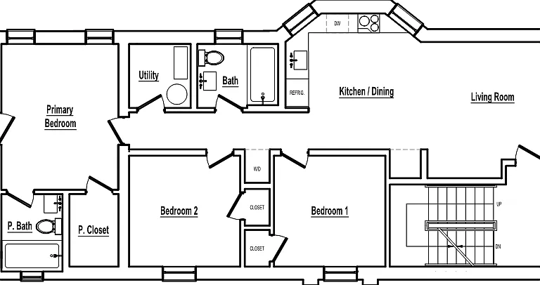 Floorplan - The unit features an open concept kitchen, living room and dining room. Great for entertaining!
