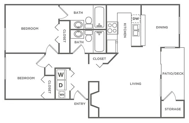 Floor plan Two Bedroom Two Bath (933 SF)