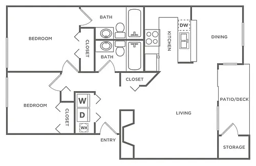 Floor plan Two Bedroom Two Bath (933 SF)