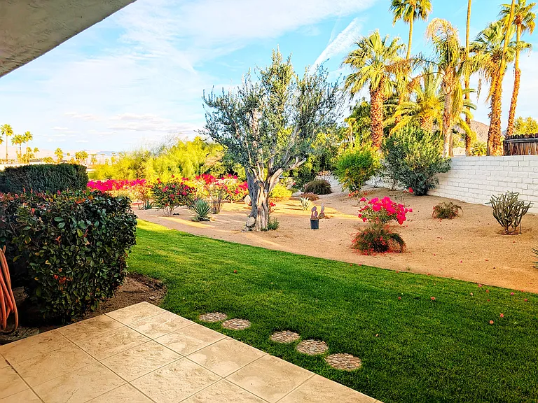 Back patio off of living room with community maintained manicured landscaping.