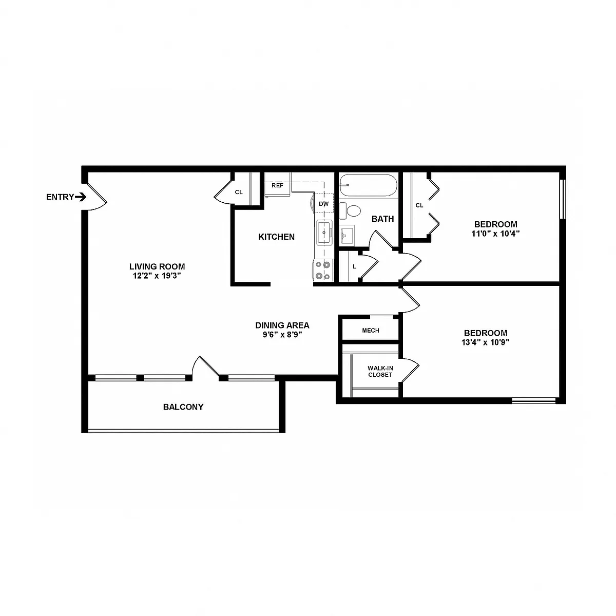 Floor plan 2 Bed, 1 Bath - Garden