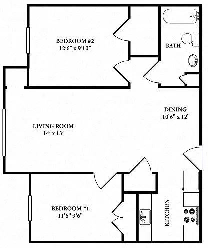 Floor plan Two Bedroom One Bathroom B1 MKT
