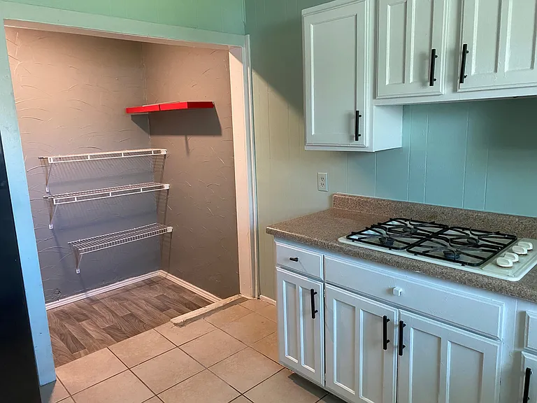 View of stove top and pantry area. To L of stovetop is room for an added tenant owned stove with a 220 plug that has been installed.