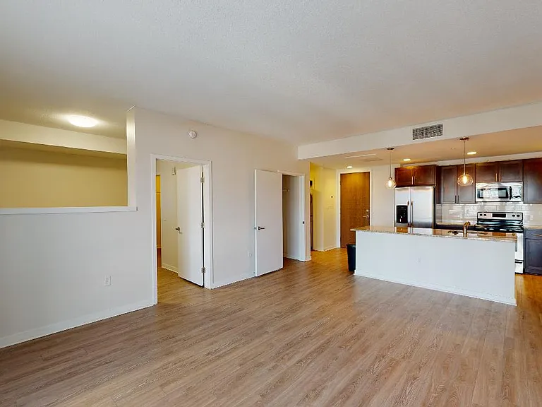 Apartment kitchen with stainless steel appliances, dining and living room with wood-style flooring.