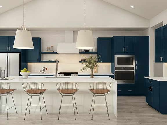 Kitchen with floating shelves and pendant lighting
