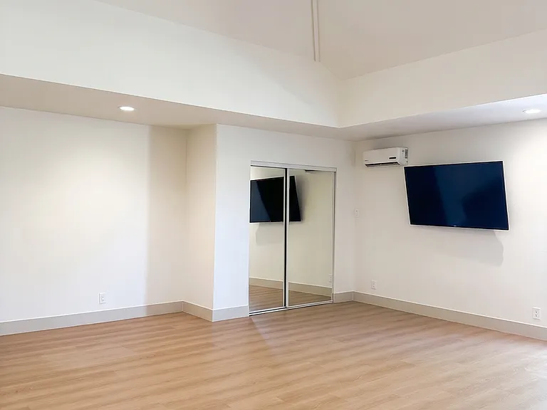 large tv, mirrored closet