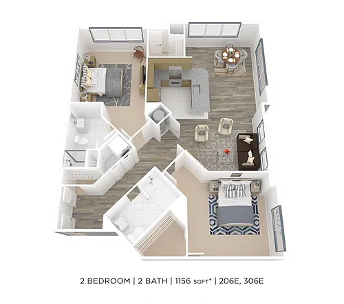 Floor plan Two Bedroom 2 Bath - 1,156 sqft
