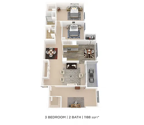 Floor plan Three Bedroom 2 Bath - 1,181 sqft