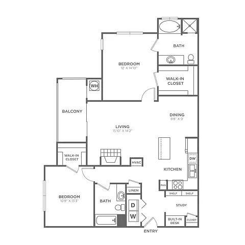 Floor plan Two Bedroom Two Bath (1234 SF)