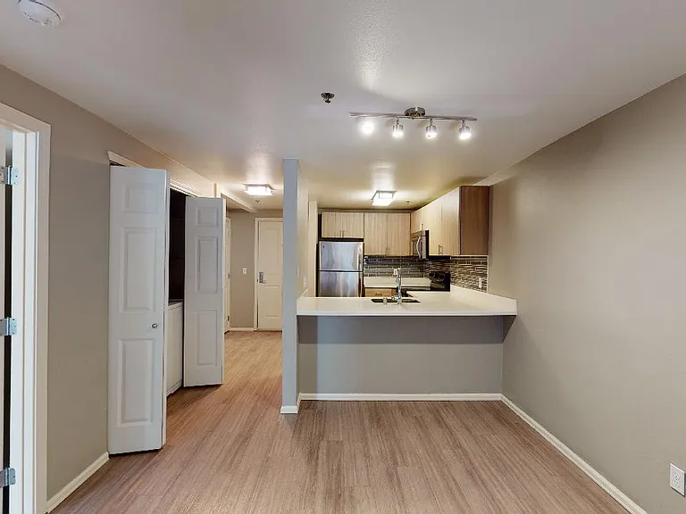 Apartment kitchen with stainless steel appliances, dining and living room with wood-style flooring.