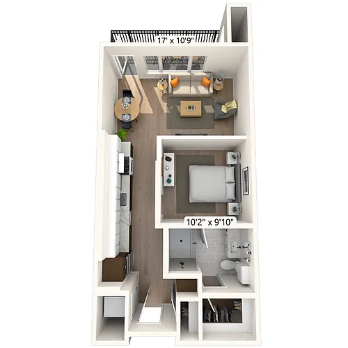 Floor plan 2S1 1x1 607 SF-FP