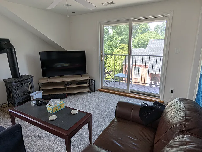 Shared living room showing heating stove and door to balcony