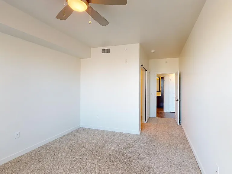 Spacious apartment bedroom with large closet, attached bathroom and plush carpet flooring.