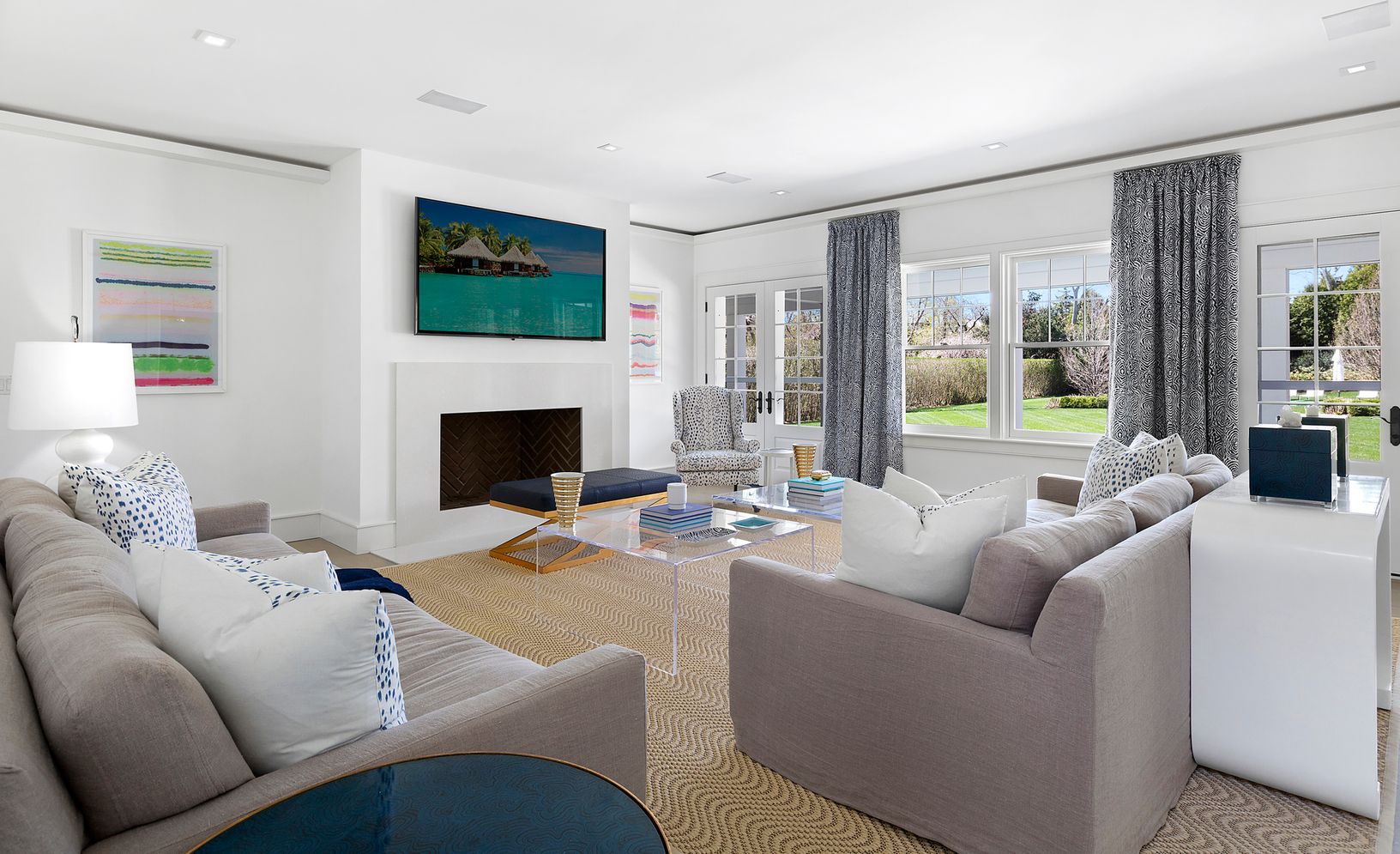 Living Room with Fireplace and French Doors