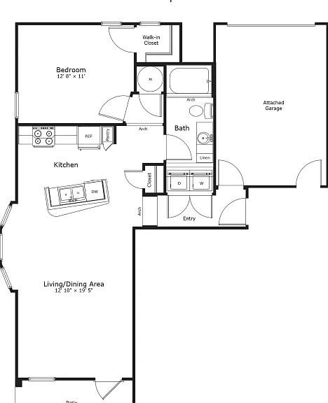 The Celebrity: 763 sq. ft. with an attached garage, bay window, angled kitchen island, and open patio or balcony for flexible indoor-outdoor living. The Celebrity: 763 sq. ft. with an attached garage, bay window, angled kitchen island, and open patio or b