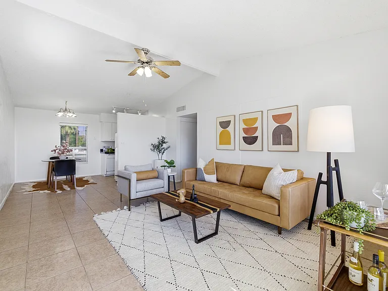 Designer-inspired tile flooring creates a clean, modern look.