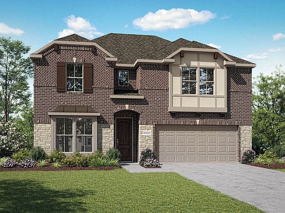 Elevation E is a two story tudor inspired home design with brick and stone and a metal roof accent a