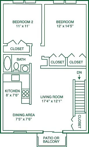 Floor plan 2 BR 1BTH (renov+)