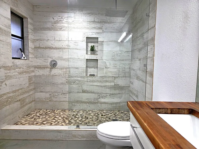 Master Bath - Barn Tile and River Rock Floor Rain Shower - Almost 7.5 feet long