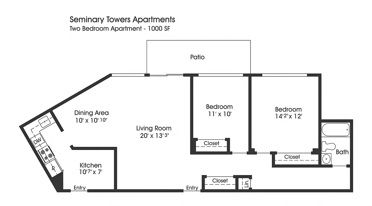 Floor plan 2BR 1BA (1005sf)