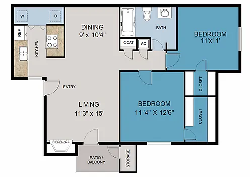 Floor plan 2 Bedroom 1 Bathroom