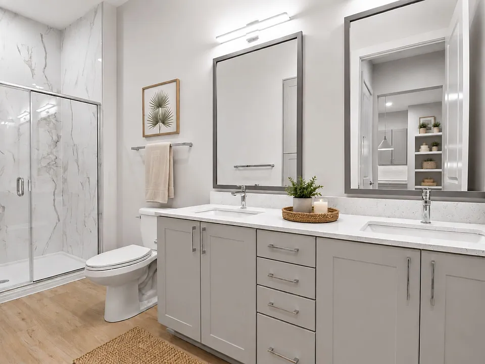 Refined finishes and a modern sensibility transform the bathroom into a space that's both beautiful and beautifully functional.