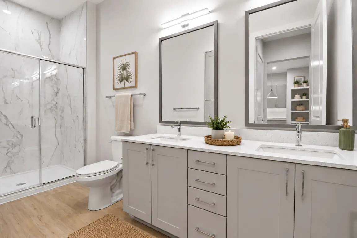 Refined finishes and a modern sensibility transform the bathroom into a space that's both beautiful and beautifully functional.