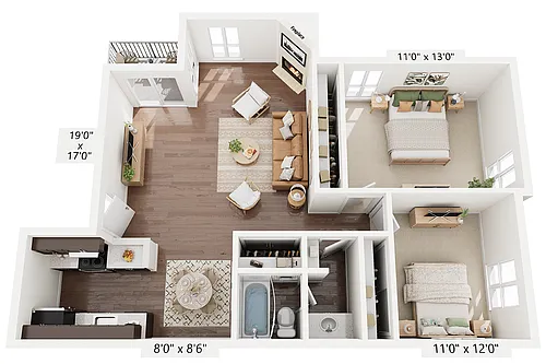 Floor plan 2 BR x 1 BA - B