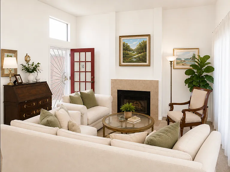 Living room with working fireplace and attached patio