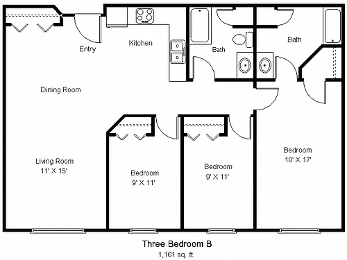 Floor plan 3 Bedroom 2 Bath (FMR)